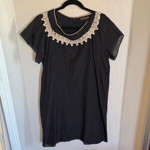 Silk and Cotton Black Dress with Lace Detail